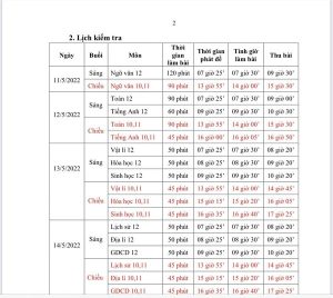 LỊCH KIỂM TRA HỌC KỲ II NĂM HỌC 2021-2022