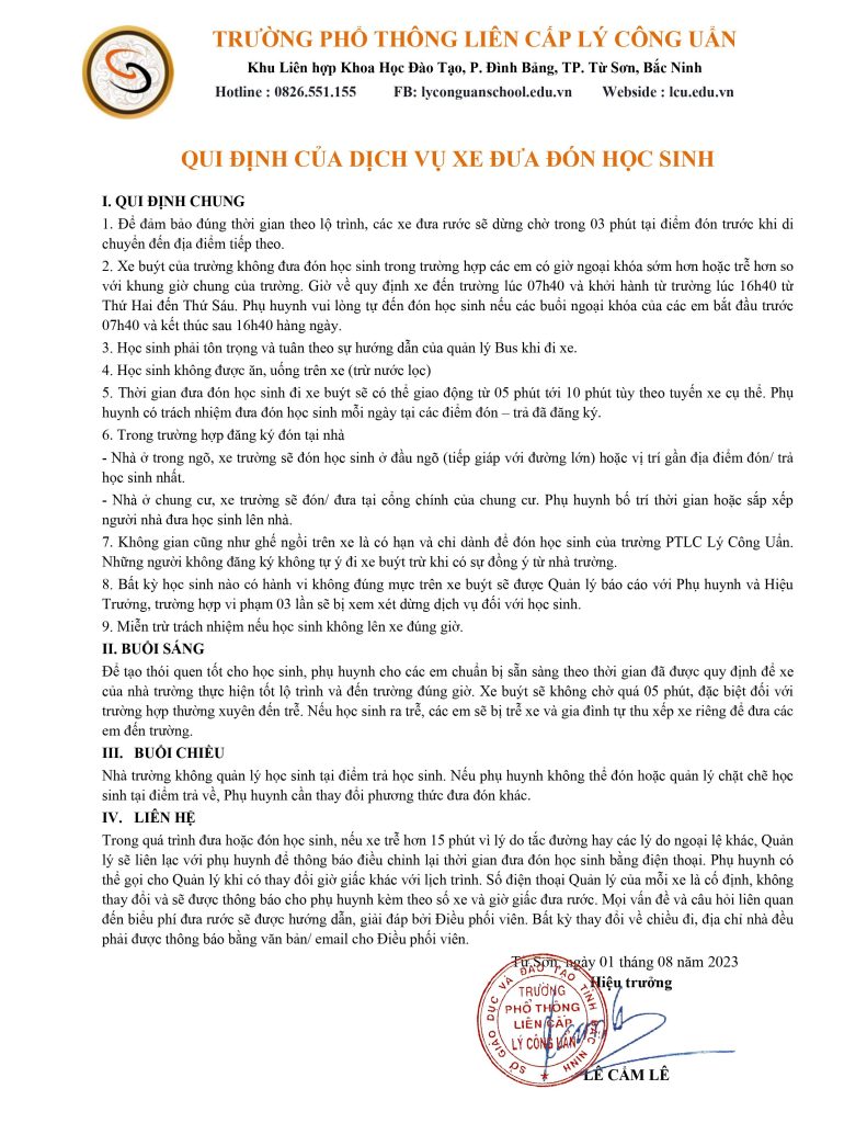 QUY ĐỊNH DỊCH VỤ XE ĐƯA ĐÓN HỌC SINH- TRƯỜNG PTLC LÝ CÔNG UẨN